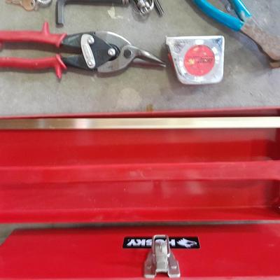 Husky toolbox with tray and a grouping of hand tools