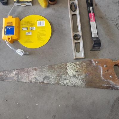 Zircon level, with an assortment of hand tools level, 15" prybar, brushes and more