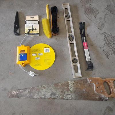 Zircon level, with an assortment of hand tools level, 15" prybar, brushes and more