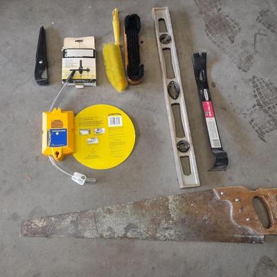 Zircon level, with an assortment of hand tools level, 15" prybar, brushes and more