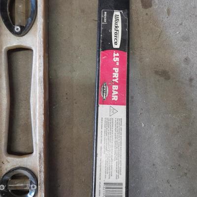 Zircon level, with an assortment of hand tools level, 15" prybar, brushes and more