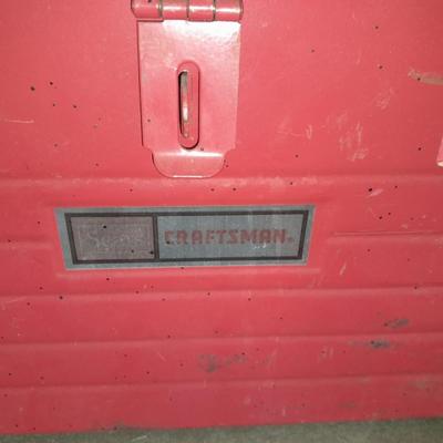 Long Craftsman toolbox with tray and an assortment of cutters, and a pair of work gloves