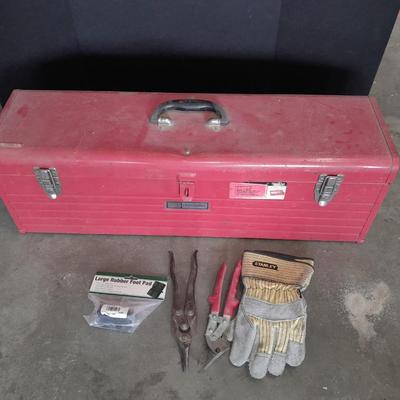 Long Craftsman toolbox with tray and an assortment of cutters, and a pair of work gloves