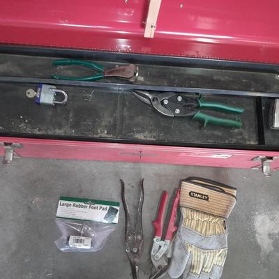 Long Craftsman toolbox with tray and an assortment of cutters, and a pair of work gloves
