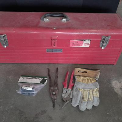 Long Craftsman toolbox with tray and an assortment of cutters, and a pair of work gloves