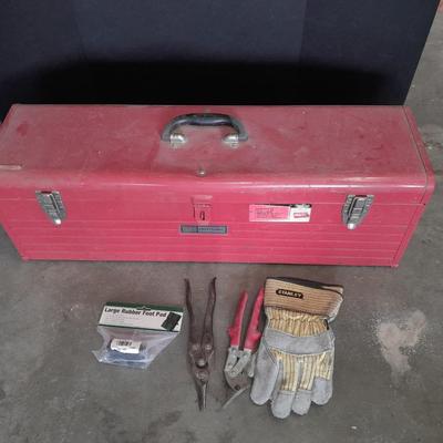 Long Craftsman toolbox with tray and an assortment of cutters, and a pair of work gloves