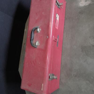 Long Craftsman toolbox with tray and an assortment of cutters, and a pair of work gloves