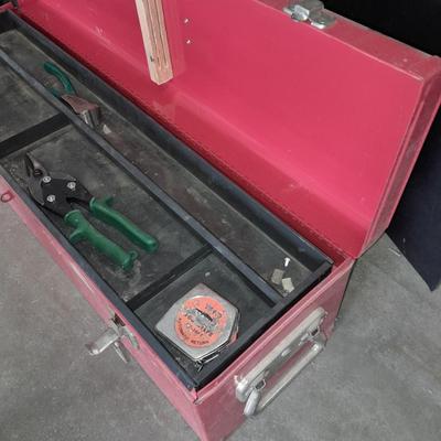 Long Craftsman toolbox with tray and an assortment of cutters, and a pair of work gloves