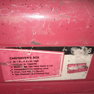 Long Craftsman toolbox with tray and an assortment of cutters, and a pair of work gloves