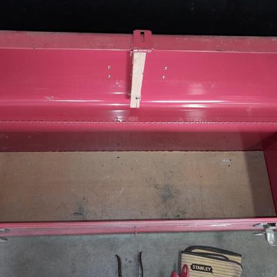 Long Craftsman toolbox with tray and an assortment of cutters, and a pair of work gloves