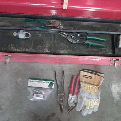 Long Craftsman toolbox with tray and an assortment of cutters, and a pair of work gloves