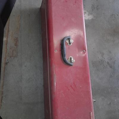 Long Craftsman toolbox with tray and an assortment of cutters, and a pair of work gloves