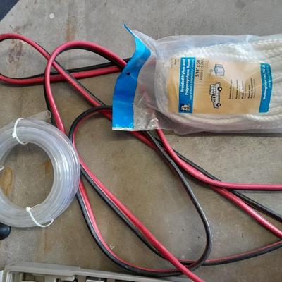 Automotive toolkit in case, jumper cables, rope and siphon hose