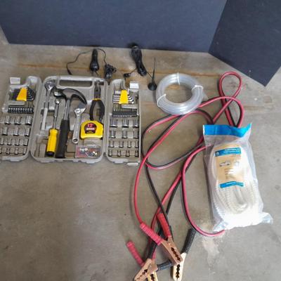 Automotive toolkit in case, jumper cables, rope and siphon hose
