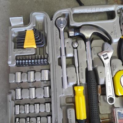 Automotive toolkit in case, jumper cables, rope and siphon hose