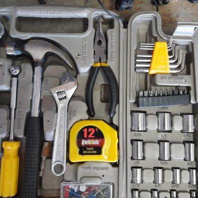 Automotive toolkit in case, jumper cables, rope and siphon hose