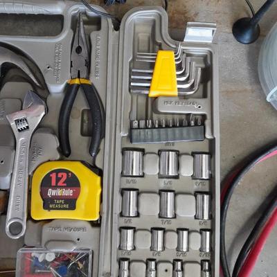 Automotive toolkit in case, jumper cables, rope and siphon hose