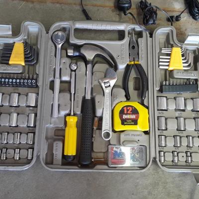 Automotive toolkit in case, jumper cables, rope and siphon hose