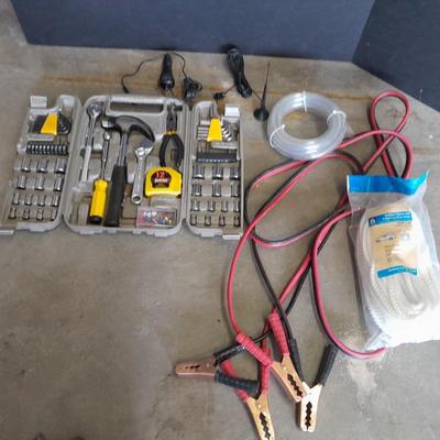Automotive toolkit in case, jumper cables, rope and siphon hose