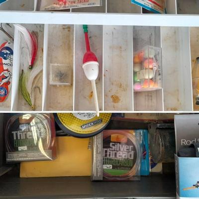 FISHING - tackle box with some tackle and fishing pole cloth sleeve cover