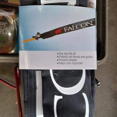 FISHING - tackle box with some tackle and fishing pole cloth sleeve cover