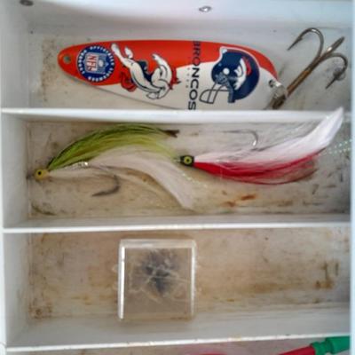 FISHING - tackle box with some tackle and fishing pole cloth sleeve cover