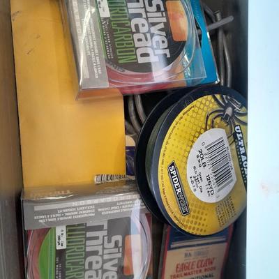 FISHING - tackle box with some tackle and fishing pole cloth sleeve cover