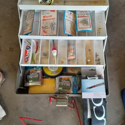 FISHING - tackle box with some tackle and fishing pole cloth sleeve cover