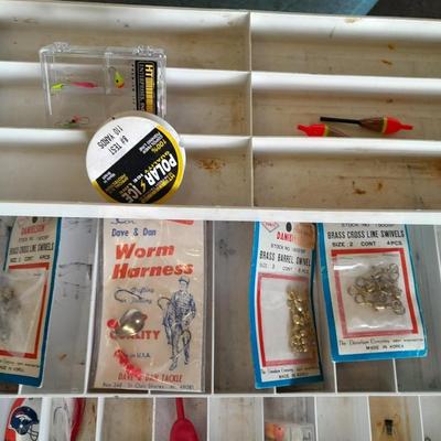 FISHING - tackle box with some tackle and fishing pole cloth sleeve cover