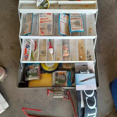 FISHING - tackle box with some tackle and fishing pole cloth sleeve cover