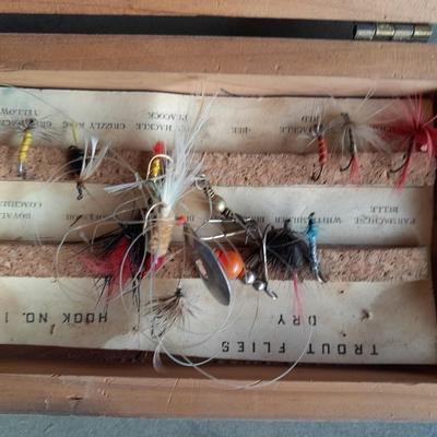 FISHING - Wooden fishing boxes one vintage lures box with flies