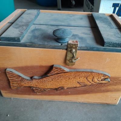 FISHING - Wooden fishing boxes one vintage lures box with flies