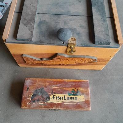 FISHING - Wooden fishing boxes one vintage lures box with flies