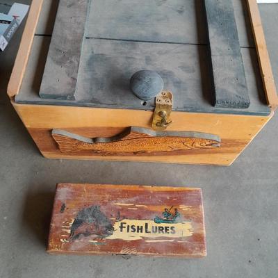 FISHING - Wooden fishing boxes one vintage lures box with flies