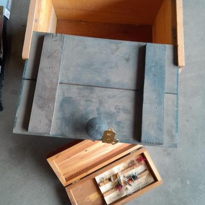FISHING - Wooden fishing boxes one vintage lures box with flies