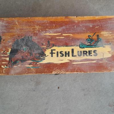 FISHING - Wooden fishing boxes one vintage lures box with flies