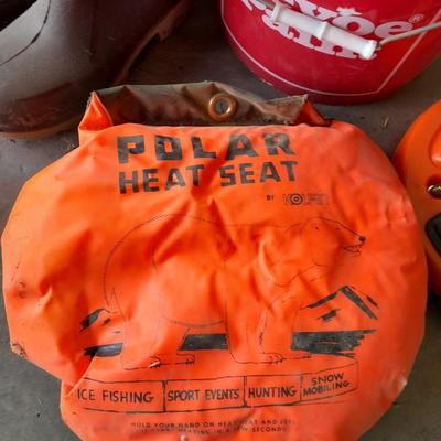 FISHING- Rubber boots size 9,5/ 10 bucket with seat and polar seat cushion