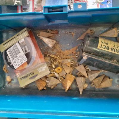 FISHING - tacklebox with cloth Falcon pole sleeve, and some tackle