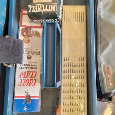 FISHING - tacklebox with cloth Falcon pole sleeve, and some tackle
