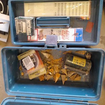 FISHING - tacklebox with cloth Falcon pole sleeve, and some tackle