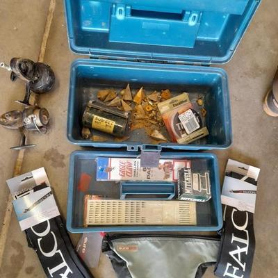 FISHING - tacklebox with cloth Falcon pole sleeve, and some tackle
