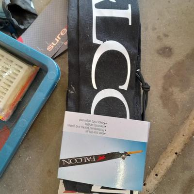 FISHING - tacklebox with cloth Falcon pole sleeve, and some tackle