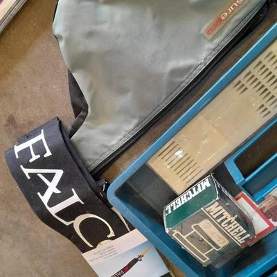 FISHING - tacklebox with cloth Falcon pole sleeve, and some tackle