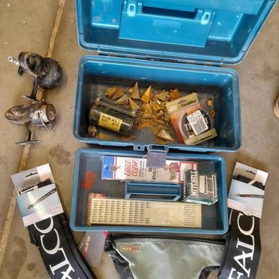 FISHING - tacklebox with cloth Falcon pole sleeve, and some tackle