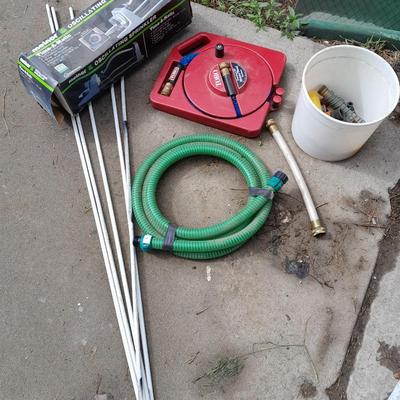 Melnor oscillating sprinkler, Toro hose, attachments, fiberglass yard / garden stakes, and more.