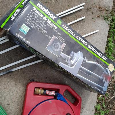 Melnor oscillating sprinkler, Toro hose, attachments, fiberglass yard / garden stakes, and more.