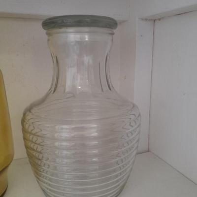 Vintage yellow glass pitcher, jar, and other glass Kitchen items