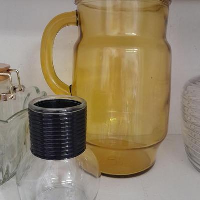 Vintage yellow glass pitcher, jar, and other glass Kitchen items