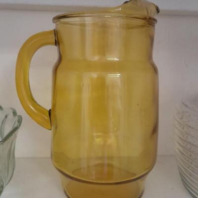 Vintage yellow glass pitcher, jar, and other glass Kitchen items