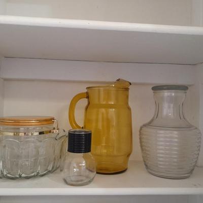 Vintage yellow glass pitcher, jar, and other glass Kitchen items